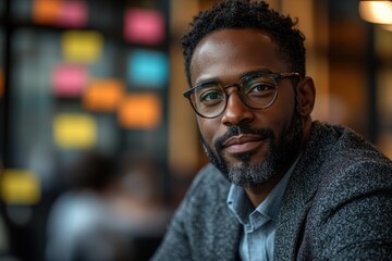 Fototapeta premium Confident man smiling in a modern workspace with colorful sticky notes on the wall during a busy afternoon