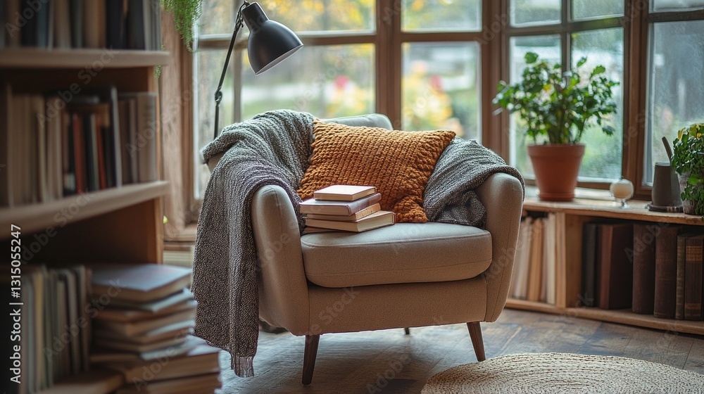 Poster a welcoming corner features a plush chair draped in a soft blanket. stacked books await, while natur