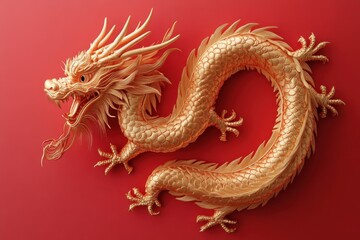 Fototapeta premium Golden dragon sculpture displayed against a vibrant red background, showcasing intricate details and cultural significance in decoration