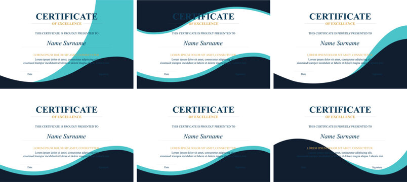 Six teal-wave certificates of excellence design template