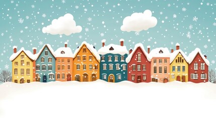 Colorful winter village with snow-covered houses under falling snowflakes. Merry Christmas, Nativity, Xmas, Noel, Navidad - Global Winter Holiday, Christian Religious Celebration. Happy New Year