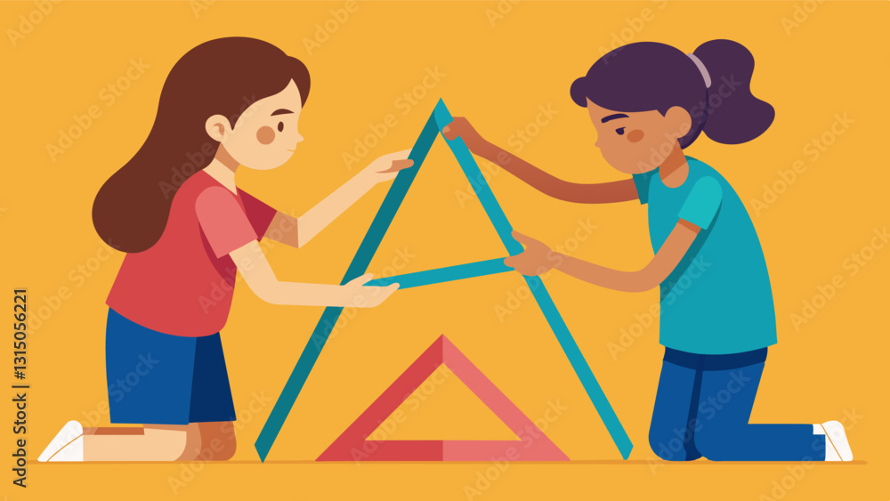 Poster two young girls measuring the angles of a geometric structure deep in concentration.. vector illustr