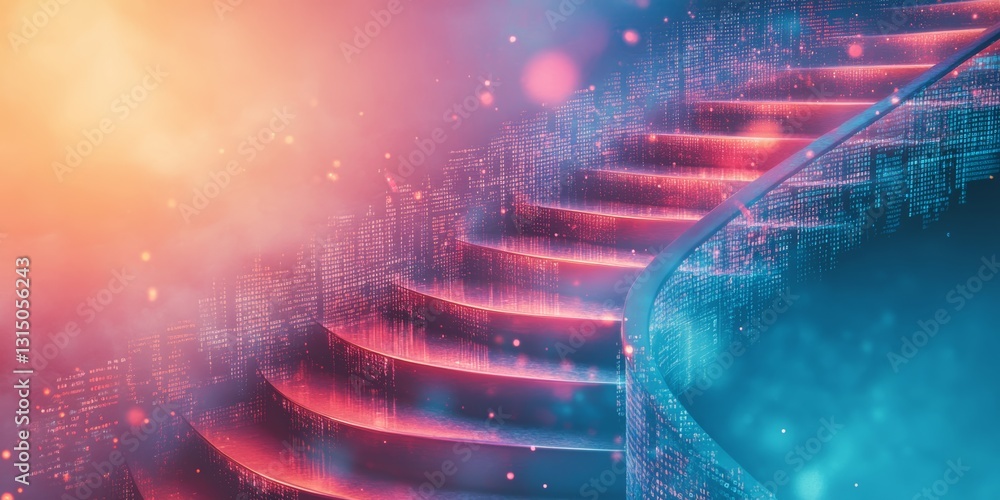 Poster abstract digital staircase with colorful lights and soft focus background