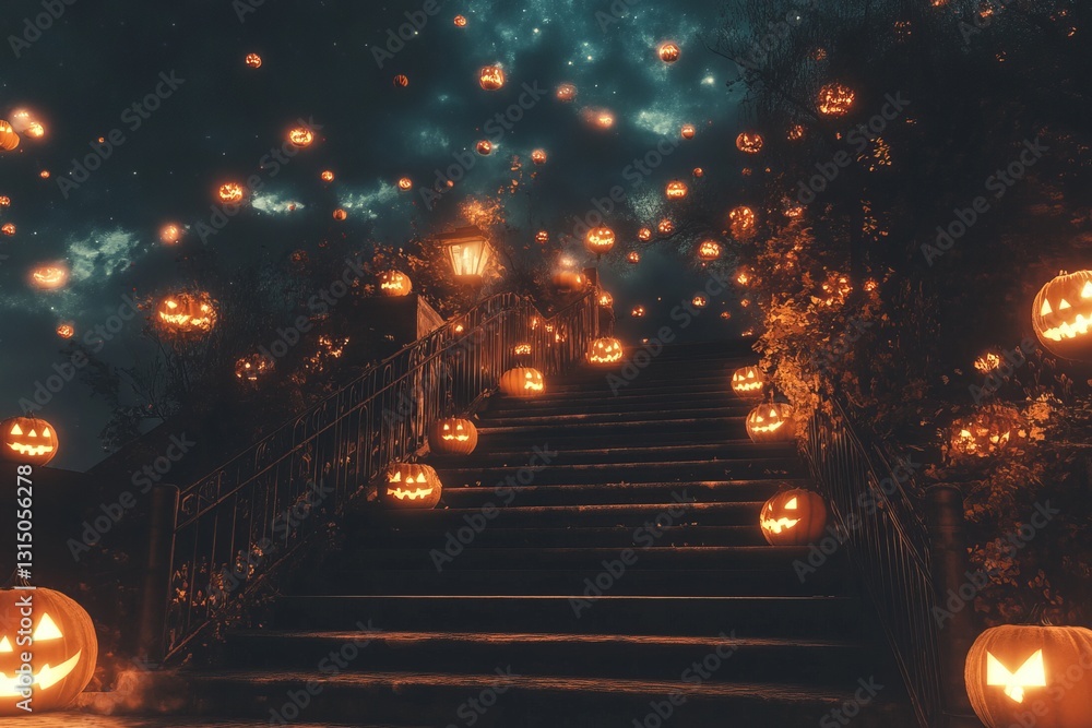 Poster capture the enchanting essence of halloween with this captivating scene featuring a staircase illumi