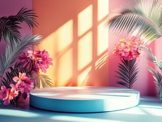Tropical serenity a vibrant stage for product display with pink flowers and palm leaves in soft light