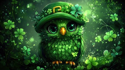 Whimsical owl in green attire with shamrocks and sparkling eyes amidst glowing forest ambience. Saint Patrick's Day, St Paddy's Day, St Patty's Day - Irish National Holiday and Cultural Celebration
