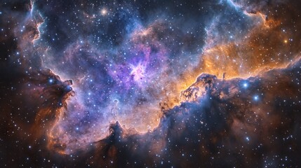 Naklejka premium A breathtaking cosmic nebula radiates hues of purple, orange, and blue against the vastness of space
