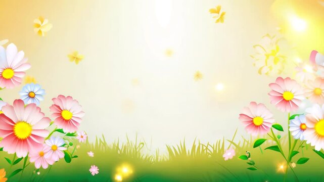 Spring meadow with daisies butterflies and sunny sky vector illustration
