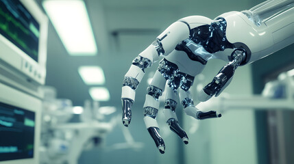 A futuristic AI-powered robot assisting in medical surgeries with precision and efficiency.