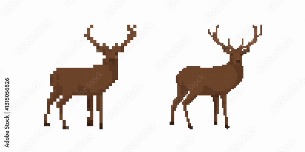 Poster two pixel art deer with antlers, facing left, showing a simple and artistic design in profile view.