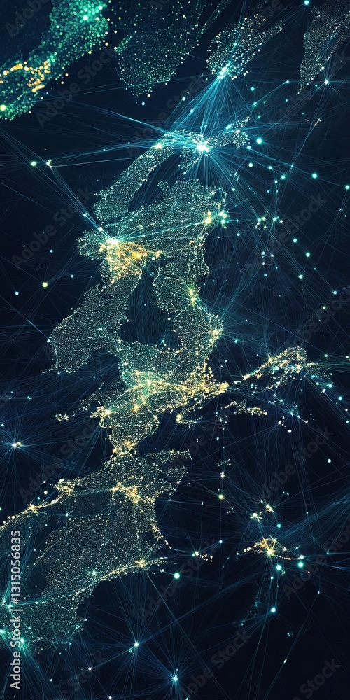 Poster futuristic global network map with digital connections and illuminated nodes