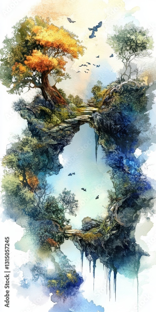 Poster this enchanting surreal landscape features floating trees and vibrant colors, creating a dreamlike a