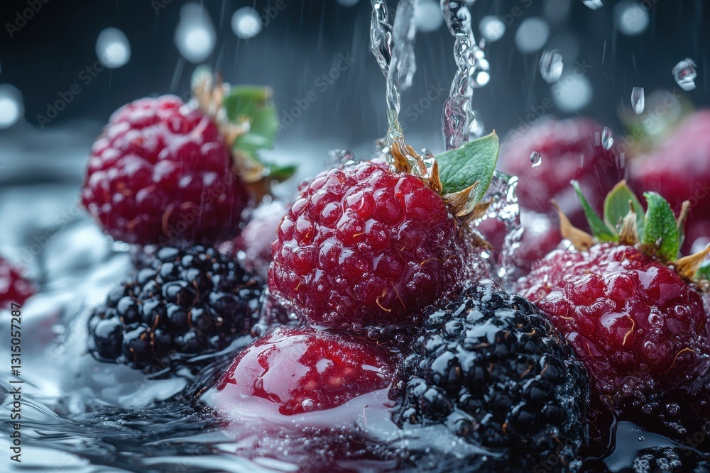 Aufkleber fresh berries splashed with water creating a vibrant, refreshing display in a dark setting during da