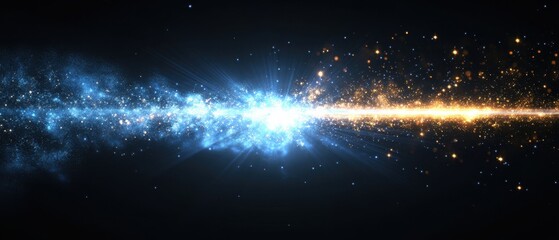 Dynamic cosmic energy collision with vibrant blue and gold particles on dark backdrop for digital art