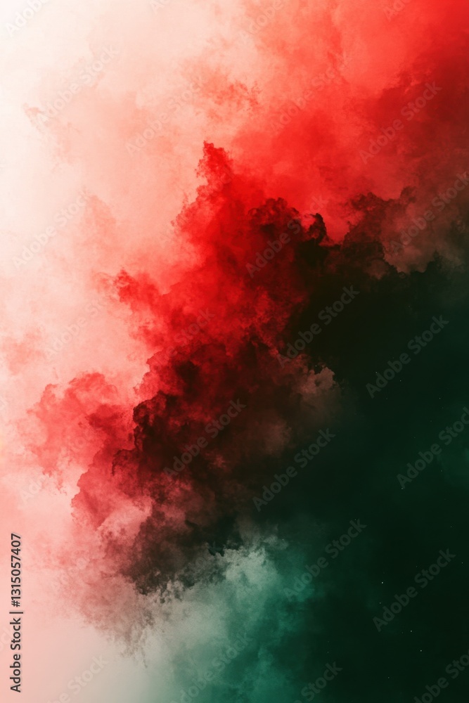 Poster abstract ethereal cloudscape with vibrant red and green hues creating a dramatic and artistic visual