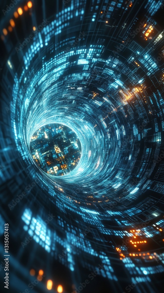Poster a mesmerizing view of a futuristic data tunnel, glowing with blue lights and dynamic patterns. this 