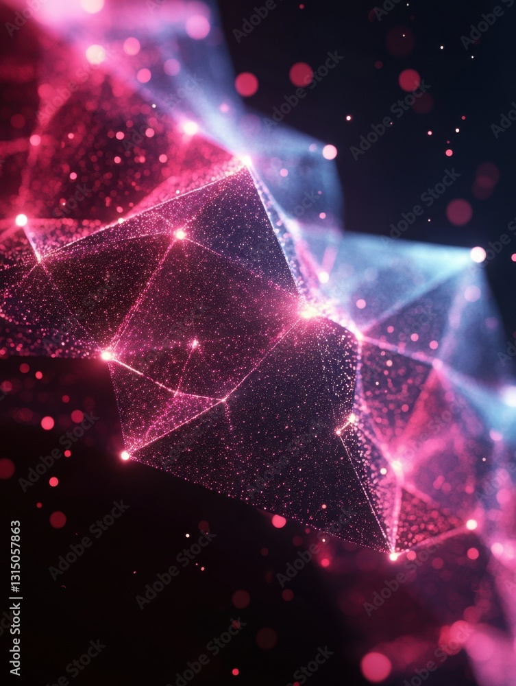 Poster abstract polygonal shape with glowing dots and lines against a dark background creating a modern fut