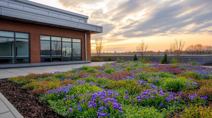Rooftop garden at sunset, modern building, landscaping
