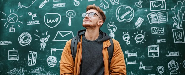 Male Teacher with glasses smiling in front of a chalkboard filled with educational icons for Teacher's Day