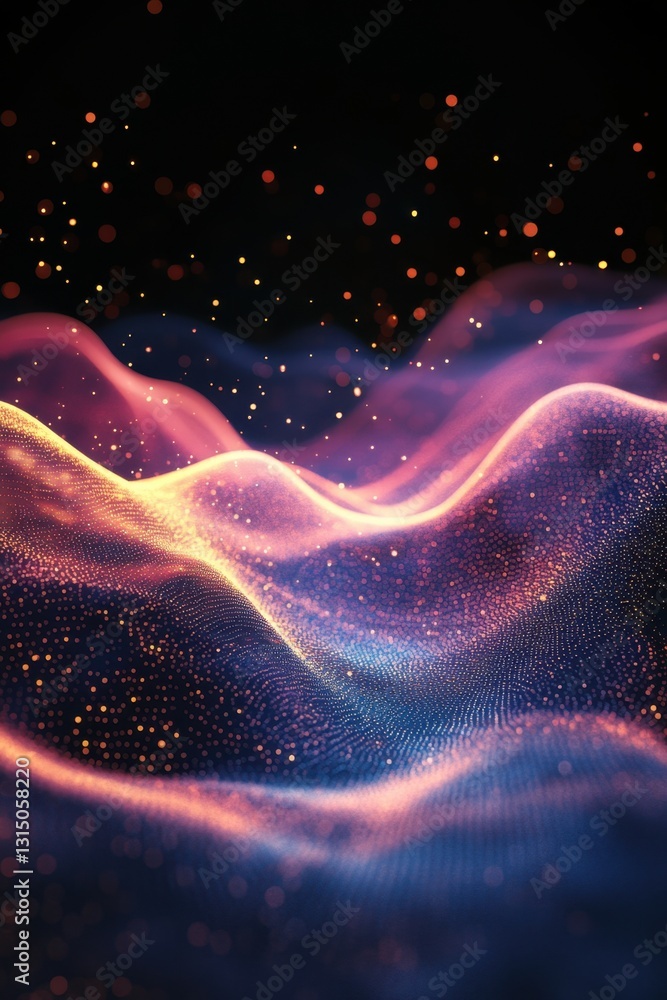 Poster ethereal landscape of glowing particles in a dynamic wave pattern with a dark background and vibrant