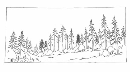 Obraz premium Whispers of the Forest: A serene landscape sketch showcasing the beauty of a pine forest, capturing the silhouettes of towering trees, with delicate strokes hinting at depth and texture.