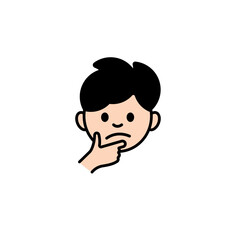Simple and clear cartoon face with a thoughtful expression. hand placed on chin adds to the effect.