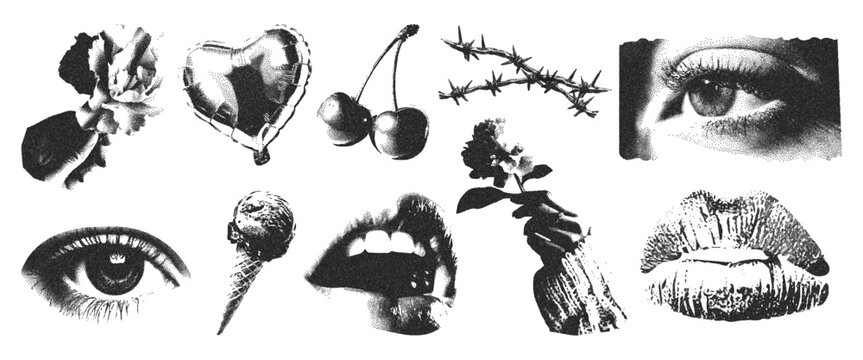 Lips, mouth, eyes, flowers, cherry, hands elements retro grunge collage with a photocopy effect. The effect of grain and dotted lines. Vector.