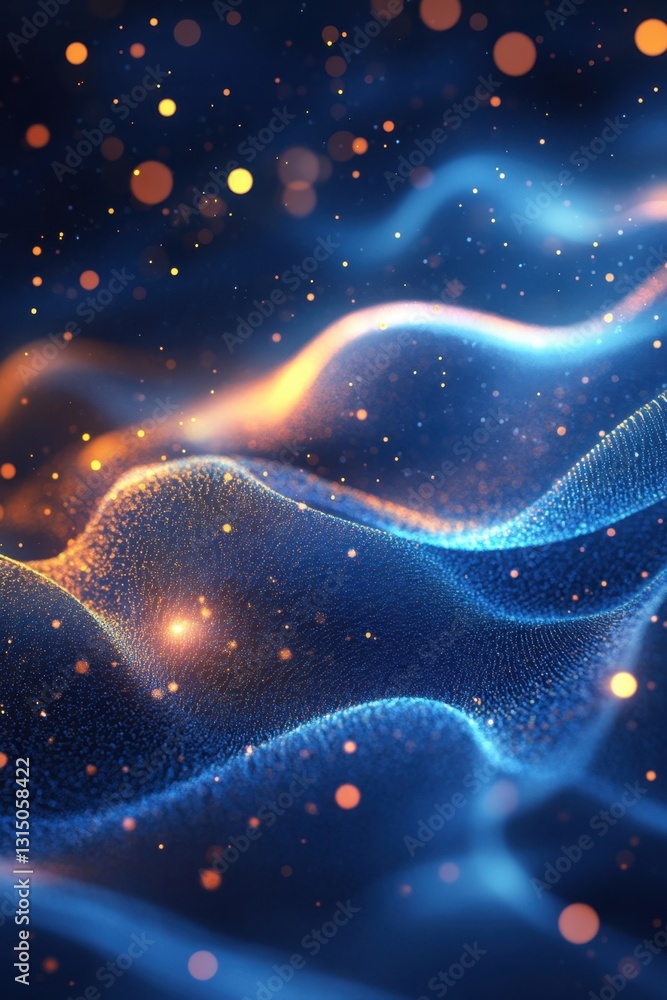Aufkleber ethereal blue and gold abstract background with glowing particles and flowing waves creating a magic