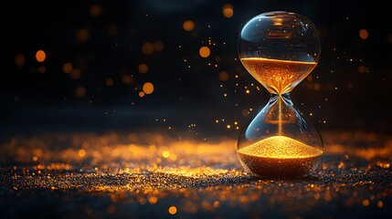 hourglass on a black background and yellow bubbles fly in background 