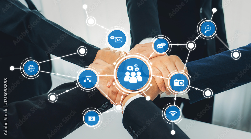 Poster a visual representation of collaboration in a business setting, showcasing hands joining together wi