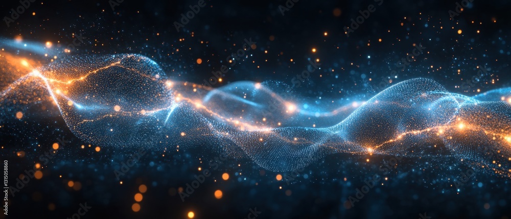Aufkleber dynamic digital wave of glowing particles in blue and orange hues creating an abstract futuristic ba