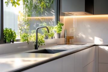 A modern kitchen with ample natural light, plants adorning the windowsill, and sleek countertops