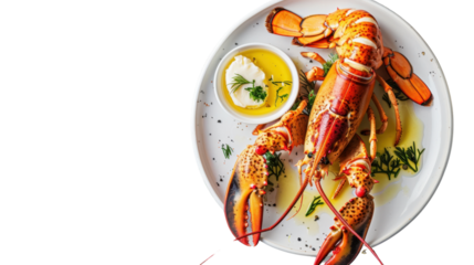 Delicious cooked lobster lying on white plate with butter and dill on transparent background