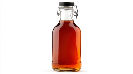 Amber Liquid in Clear Glass Swing Top Bottle on White Background