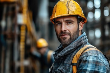 Construction worker in safety gear focuses on task at urban construction site during daylight hours