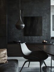 A modern interior view of a dining room with stylish furniture