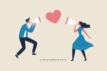 Social distancing valentine, lover couple telling I love you by keeping distance away due to COVID-19 Coronavirus concept, lovely boyfriend and girlfriend speak through megaphone with love heart shape