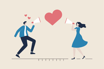 Social distancing valentine, lover couple telling I love you by keeping distance away due to COVID-19 Coronavirus concept, lovely boyfriend and girlfriend speak through megaphone with love heart shape