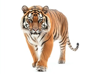 Obraz premium Majestic Tiger in Stride: Close-Up of a Wildcat Walking Gracefully Against a White Background