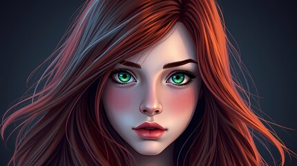 Fototapeta premium Radiant Portrait: A captivating portrait of a woman, with fiery red hair and mesmerizing green eyes, exudes an ethereal aura, the perfect blend of beauty, mystery and allure.