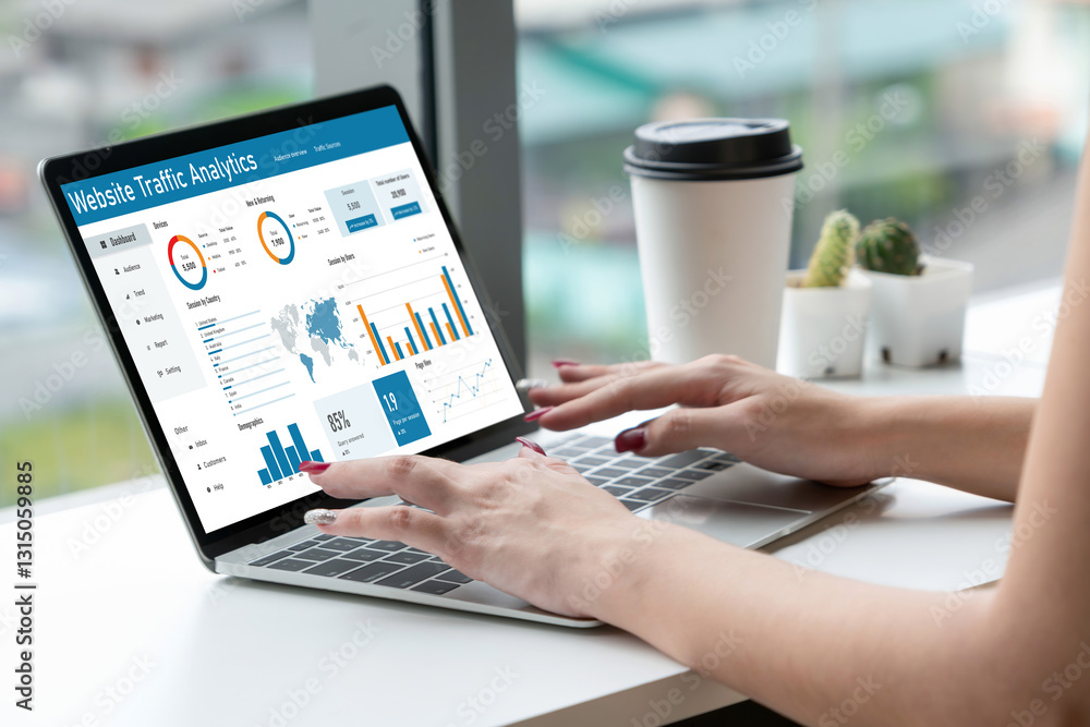 Poster computer software for website traffic analytics data on computer screen. concept of seo search engin