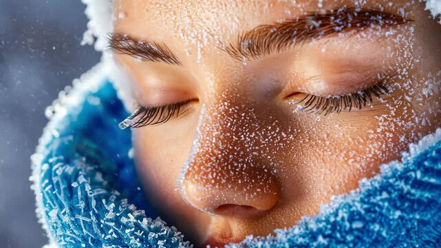 Close-up of young caucasian woman with snowflakes on face