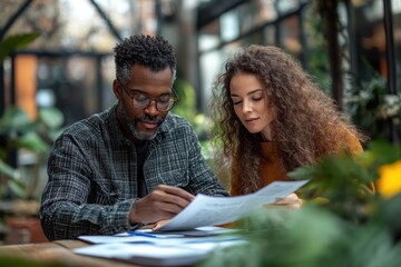 Two people collaborating on a project in a green indoor space filled with plants during a bright afternoon