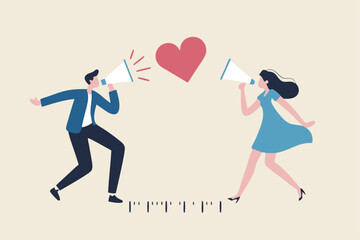 Social distancing valentine, lover couple telling I love you by keeping distance away due to COVID-19 Coronavirus concept, lovely boyfriend and girlfriend speak through megaphone with love heart shape
