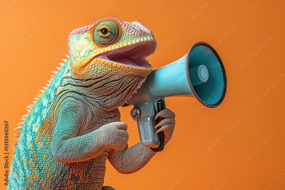 Poster lizard holds a megaphone on an orange background, promoting its message with enthusiasm and charm in