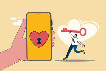 Dating apps, online dating using internet and social media to find romantic relationship concept, young adult millennial boy holding lovely key running to smart phone app with heart shape and keyhole.
