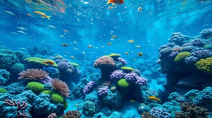 Coral Reef: Explore the vibrant underwater world of a thriving coral reef ecosystem, teeming with colorful fish and diverse marine life, capturing the beauty of the ocean.