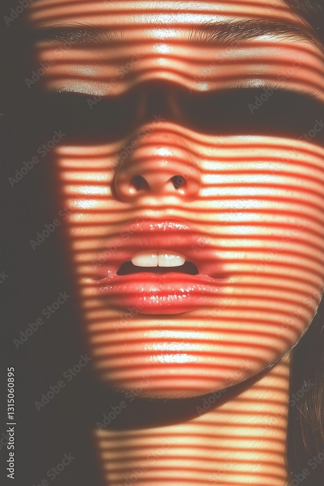 Poster striking portrait with light and shadow a woman's face is illuminated by striped light patterns crea