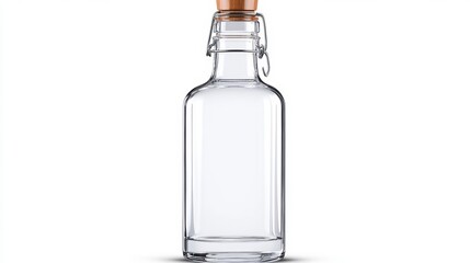 Clear Glass Bottle with Cork Stopper and Swing Top on White Background