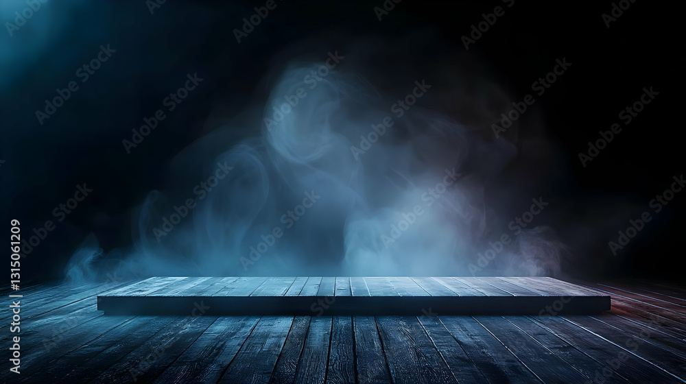 Poster dark empty stage with illuminated platform and blue spotlight smoke fog empty space for product pres